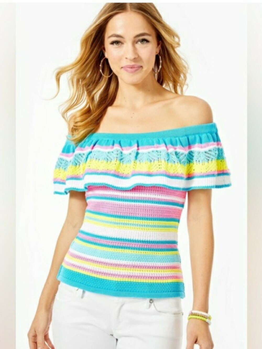 Lilly Pulitzer Canaria Striped Off-Shoulder Knit Top - Turquoise, Pink & Yellow